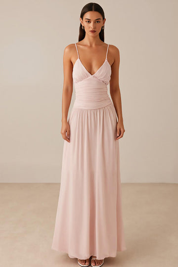 Pink Spaghetti Straps A-Line Chiffon Evening Dress